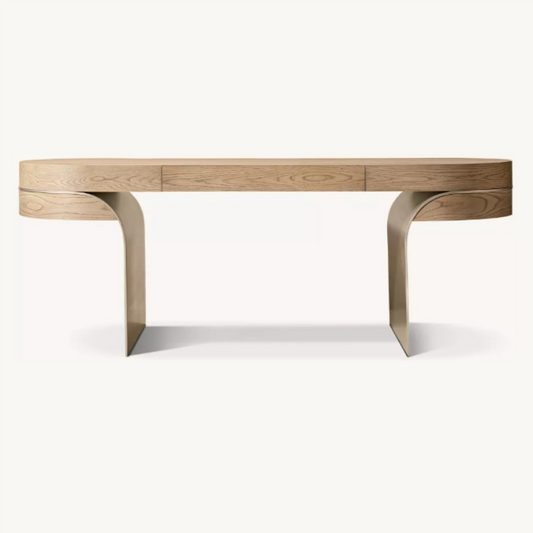 Modern Wood Writing Desk with Curved Metal Legs, Home Office Desk with Storage Drawer for Bedroom, Study, Executive Office, Vanity Table, Natural Wood