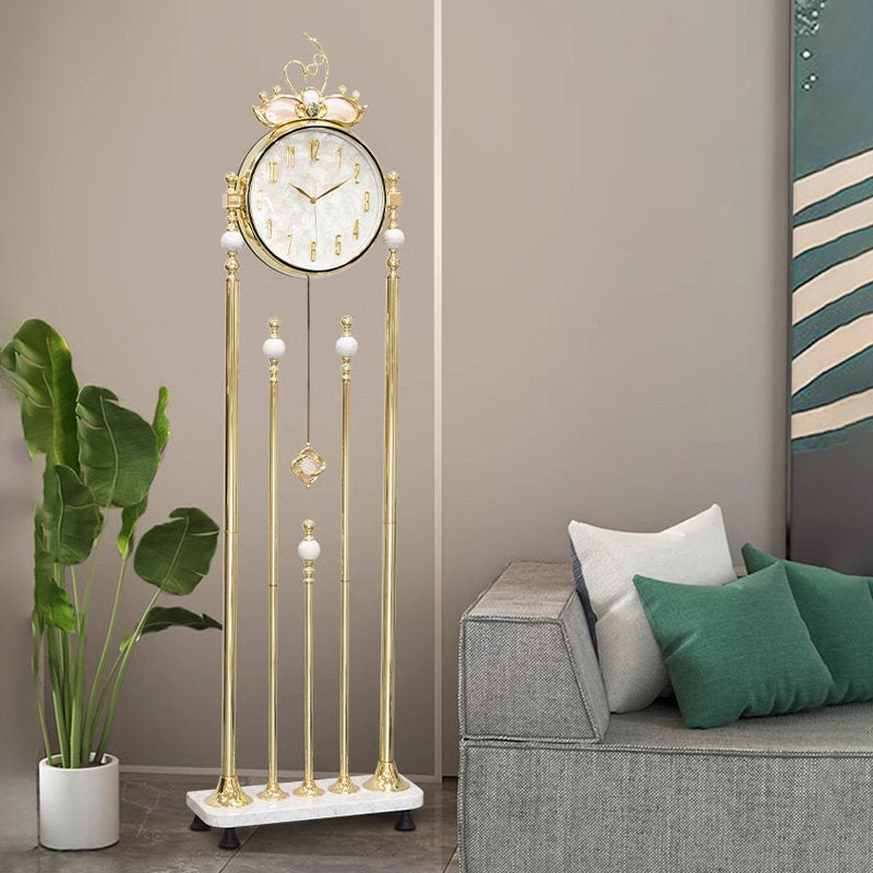 Gold Floor Clock with Marble Base, Shell Dial and Decorative Pendulum