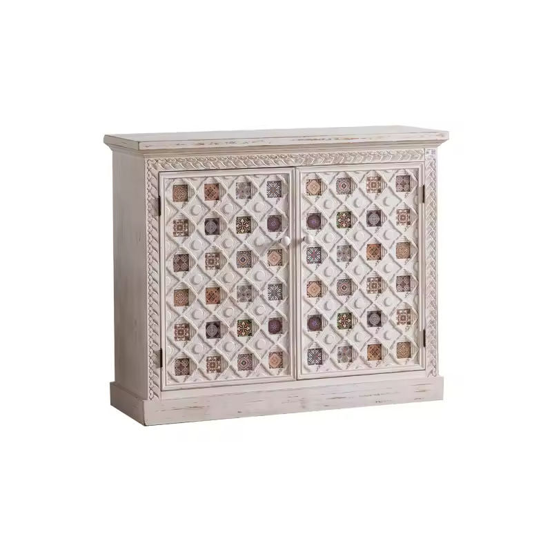 Mediterranean Style Solid Wood Sideboard Cabinet Modern Farmhouse Double Door Storage Cabinet Distressed White Entryway Console Cabinet for Living Room Dining Room