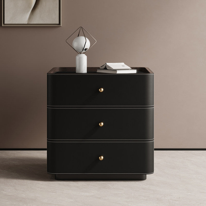 Black Leather Wrapped Nightstand, 3 Drawer Bedside Table with Solid Wood Frame and Gold Knobs for Bedroom, Living Room and Storage