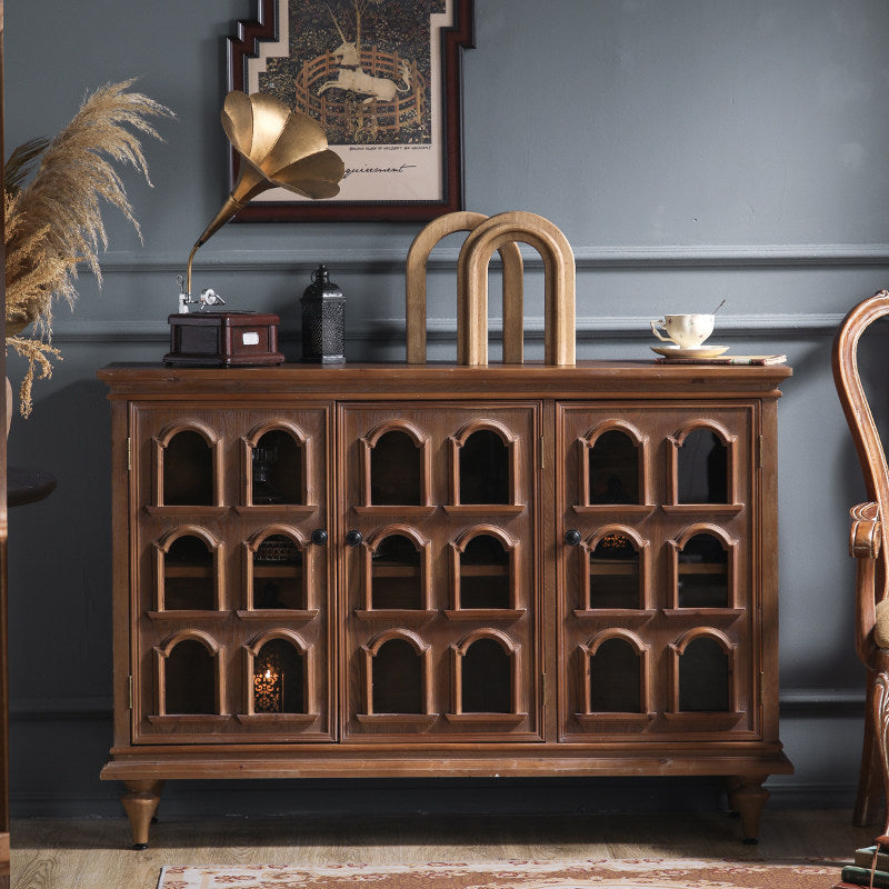 Walnut Brown 3-Door Sideboard with Arched Window Panels