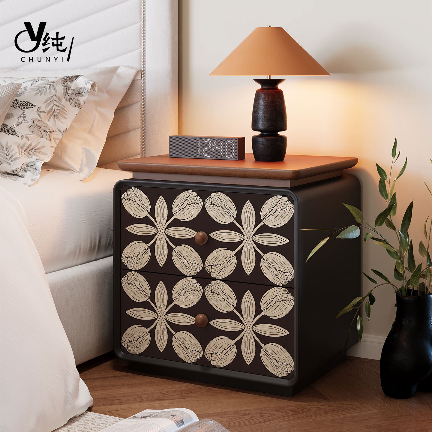 20-Inch Solid Pine Nightstand with 2 Floral Drawers, Walnut Finish