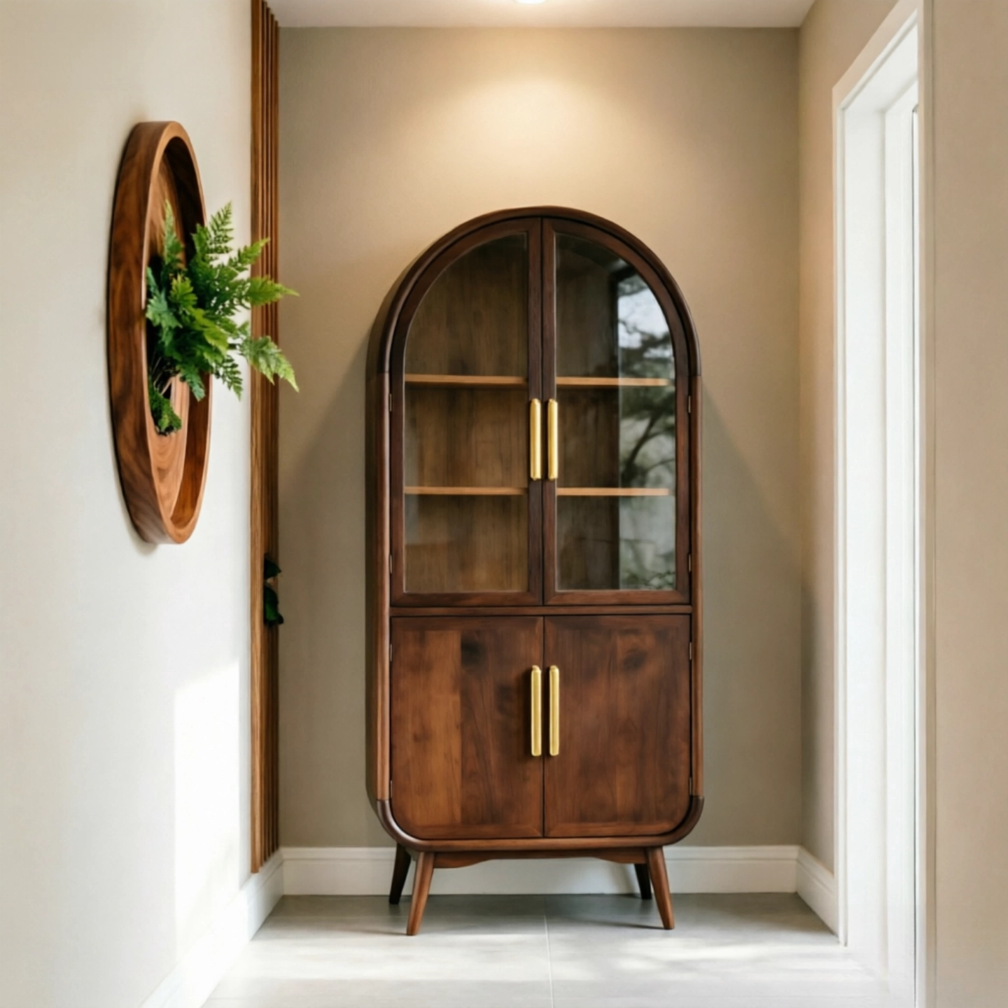 Ash Wood Arched Liquor Cabinet with Glass Doors and Storage Shelves