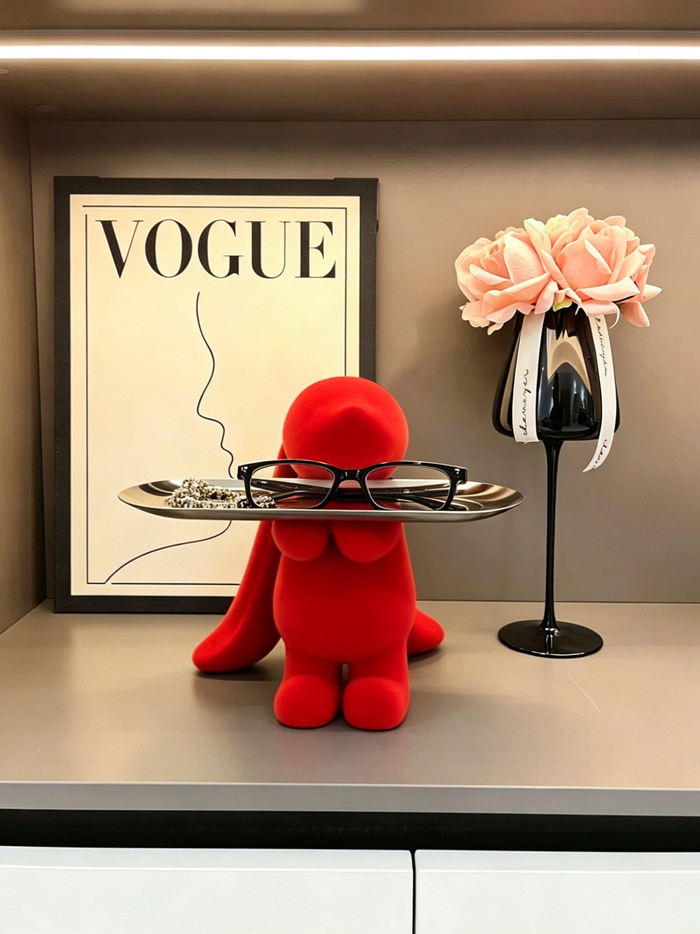 Red Rabbit Key Tray Figurine with Silver Catchall Plate