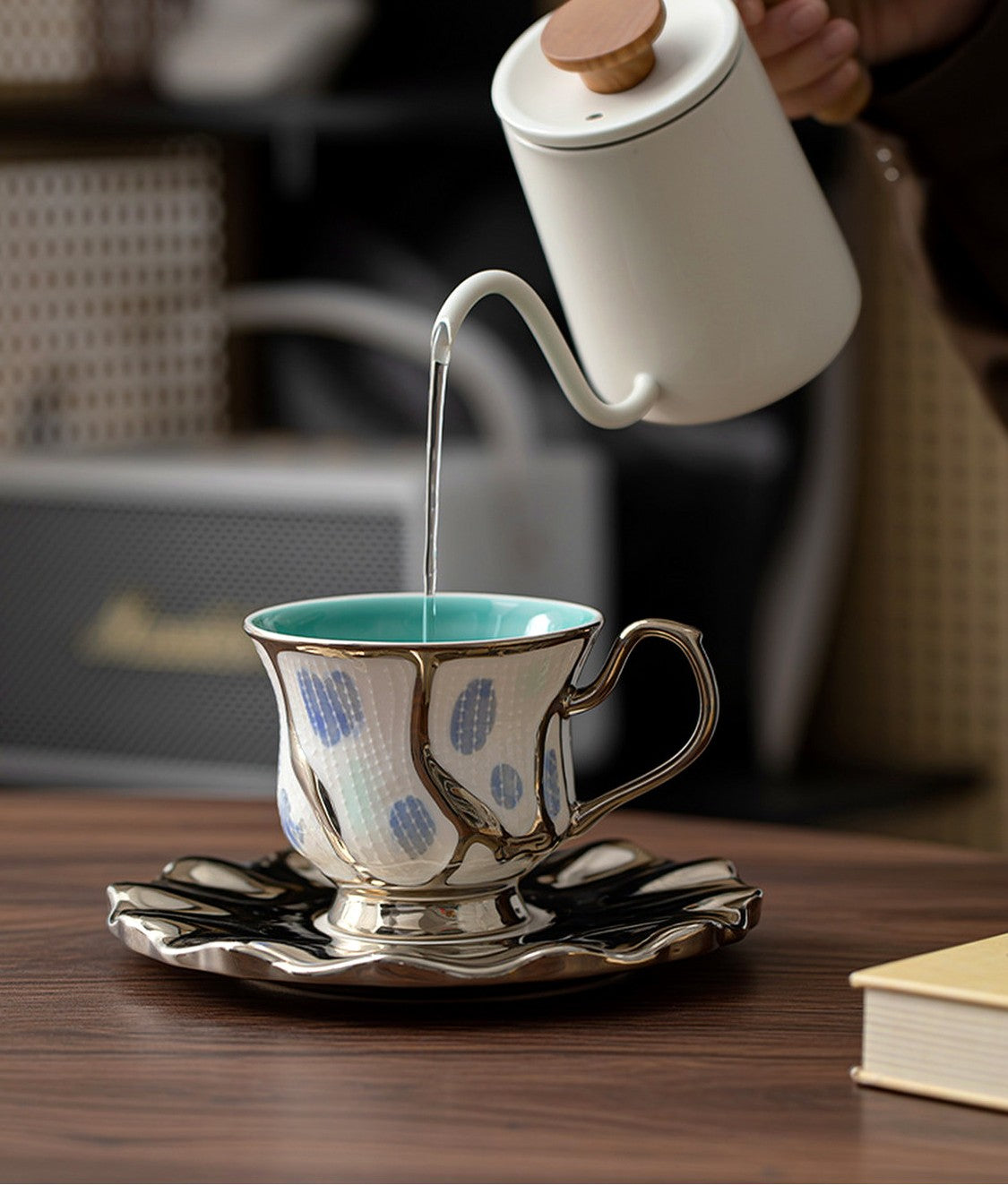Metallic Ceramic Coffee Cup and Saucer Set, Sculpted Tea Cup