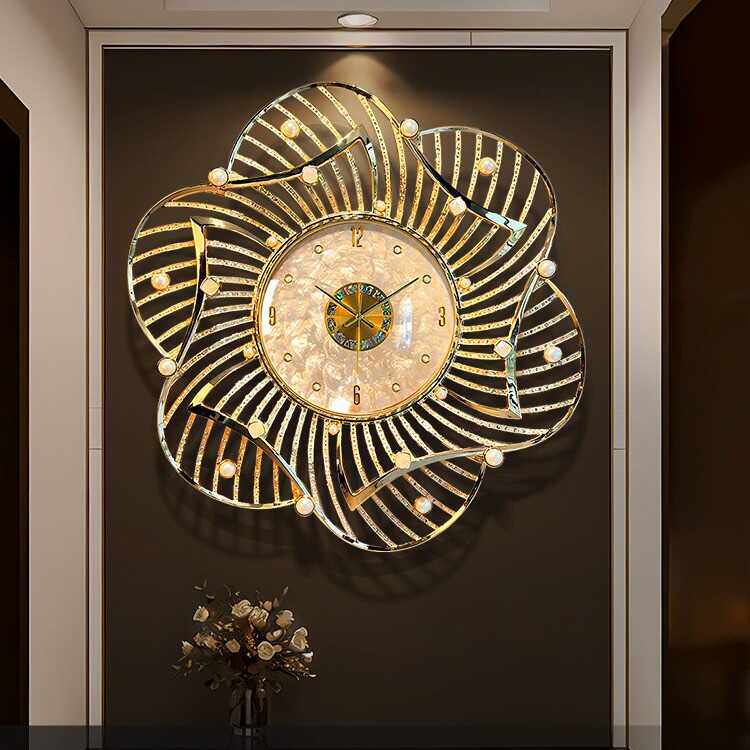 Large Gold Floral Wall Clock, Silent Mother of Pearl Dial, 34.3 Inch