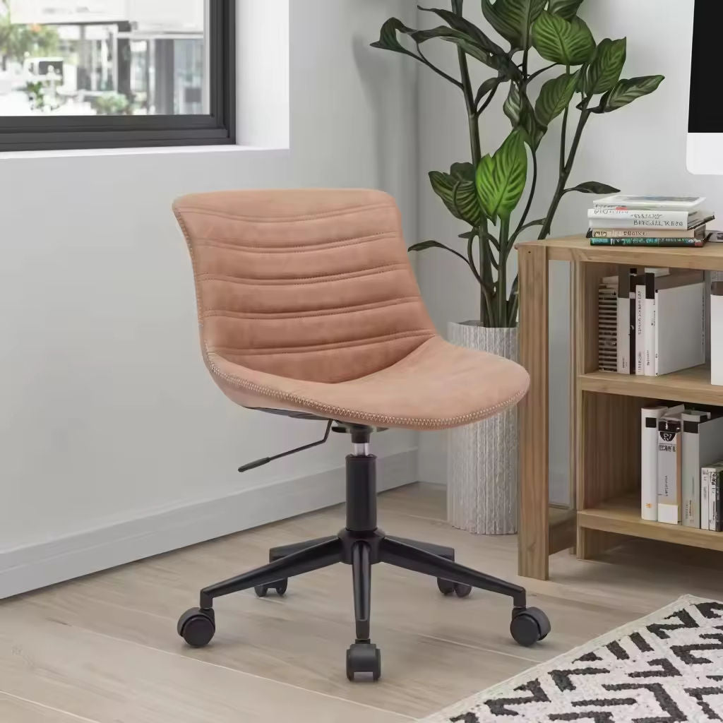 Tan PU Leather Armless Swivel Desk Chair with Wheels