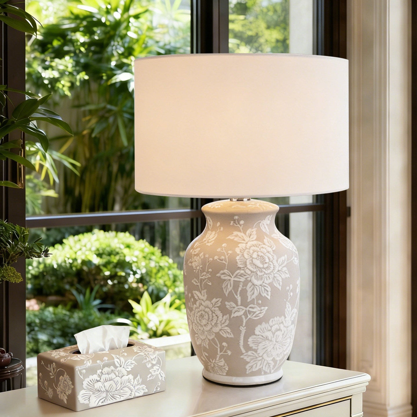 Beige Floral Ceramic Table Lamp with White Fabric Shade, Raised Flower Relief Bedside Lamp with E27 Socket and Button Switch, Decorative Nightstand Lamp for Bedroom Living Room