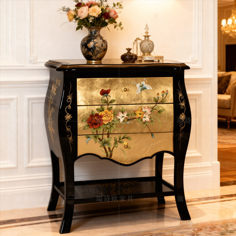 Black Accent Chest with 3 Drawers and Hand-Painted Floral Panels