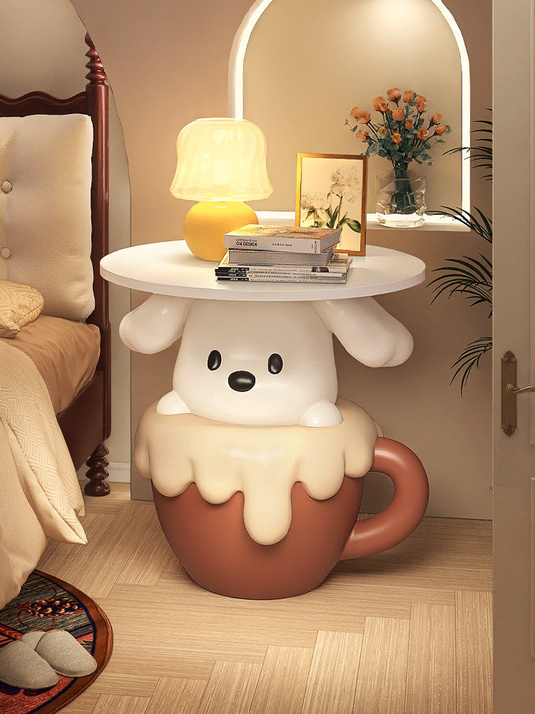 Brown and Cream Resin Teacup Puppy Side Table with Round White Wood Top, Cute Cartoon Accent End Table and Bedside Stand for Bedroom, Living Room, Kids Room and Nursery