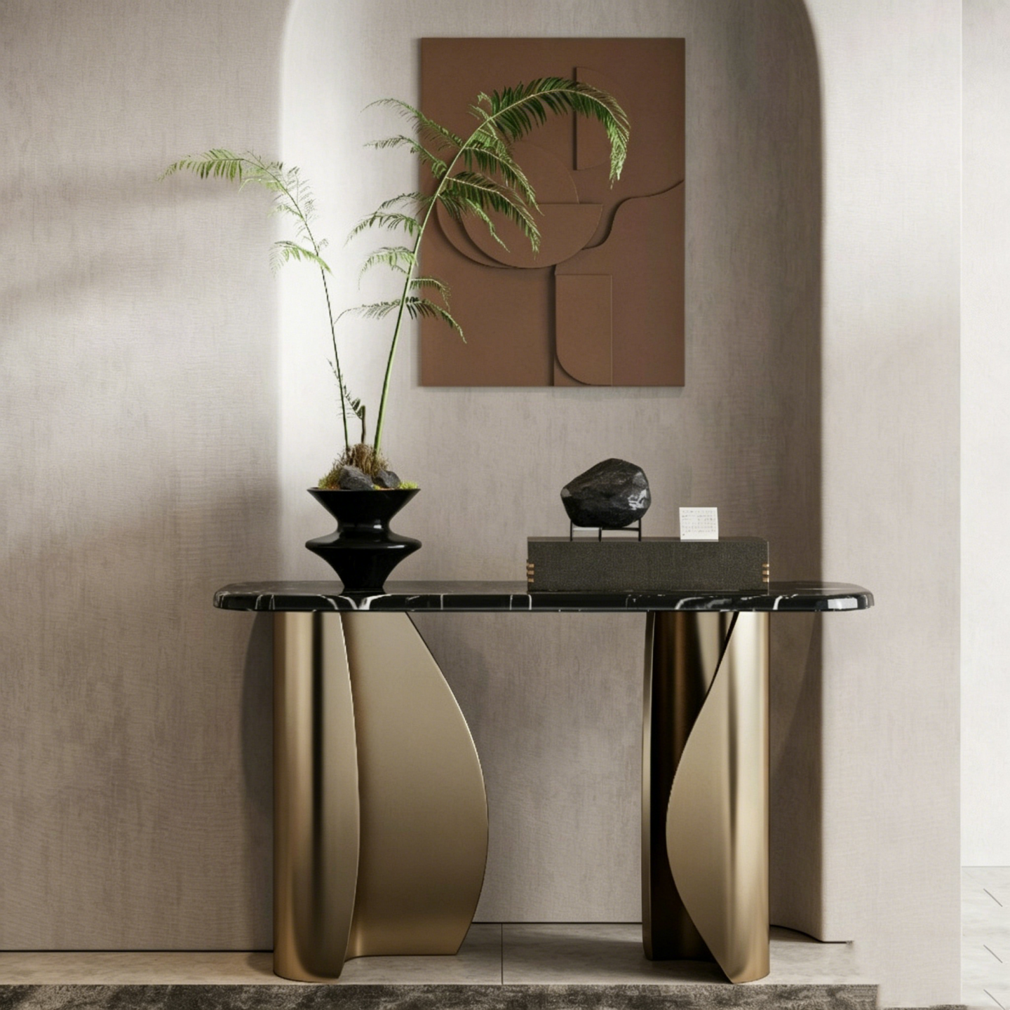 Champagne Gold Console Table, Black Sintered Stone Top