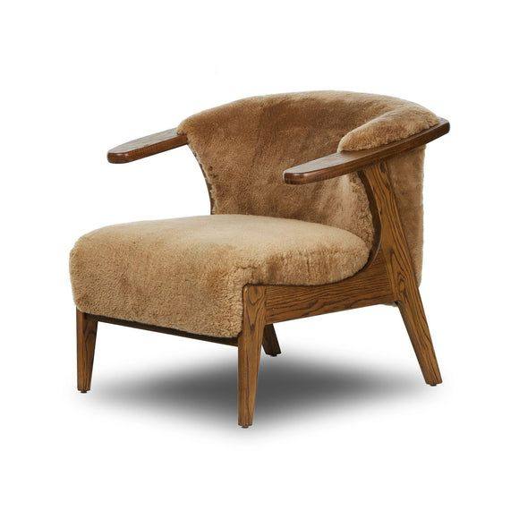 Tan Sherpa Accent Chair with Solid Wood Frame, Cozy Upholstered Lounge Chair, Modern Rustic Armchair with Rounded Backrest for Living Room, Bedroom, Reading Nook, Hotel and Study
