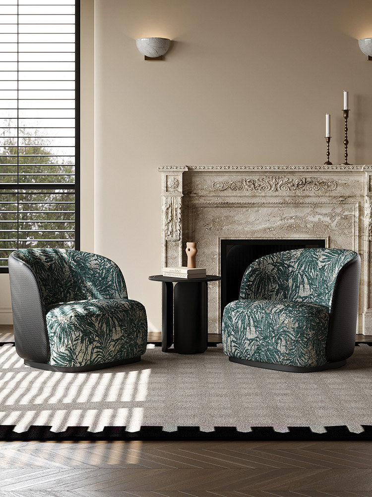 Green Leaf Print Accent Chair, Upholstered Barrel Lounge Chair with Woven Side Panel for Living Room, Bedroom, Balcony, Hotel and Reading Nook