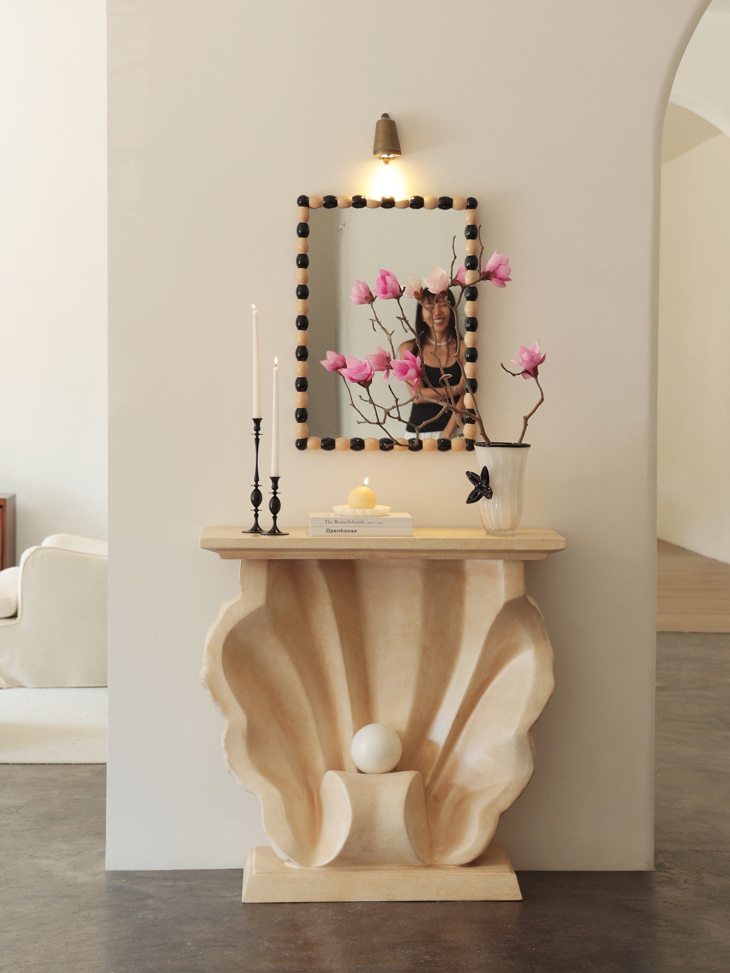 Ivory Shell Console Table with Pearl Accent, Sculptural Entryway Table