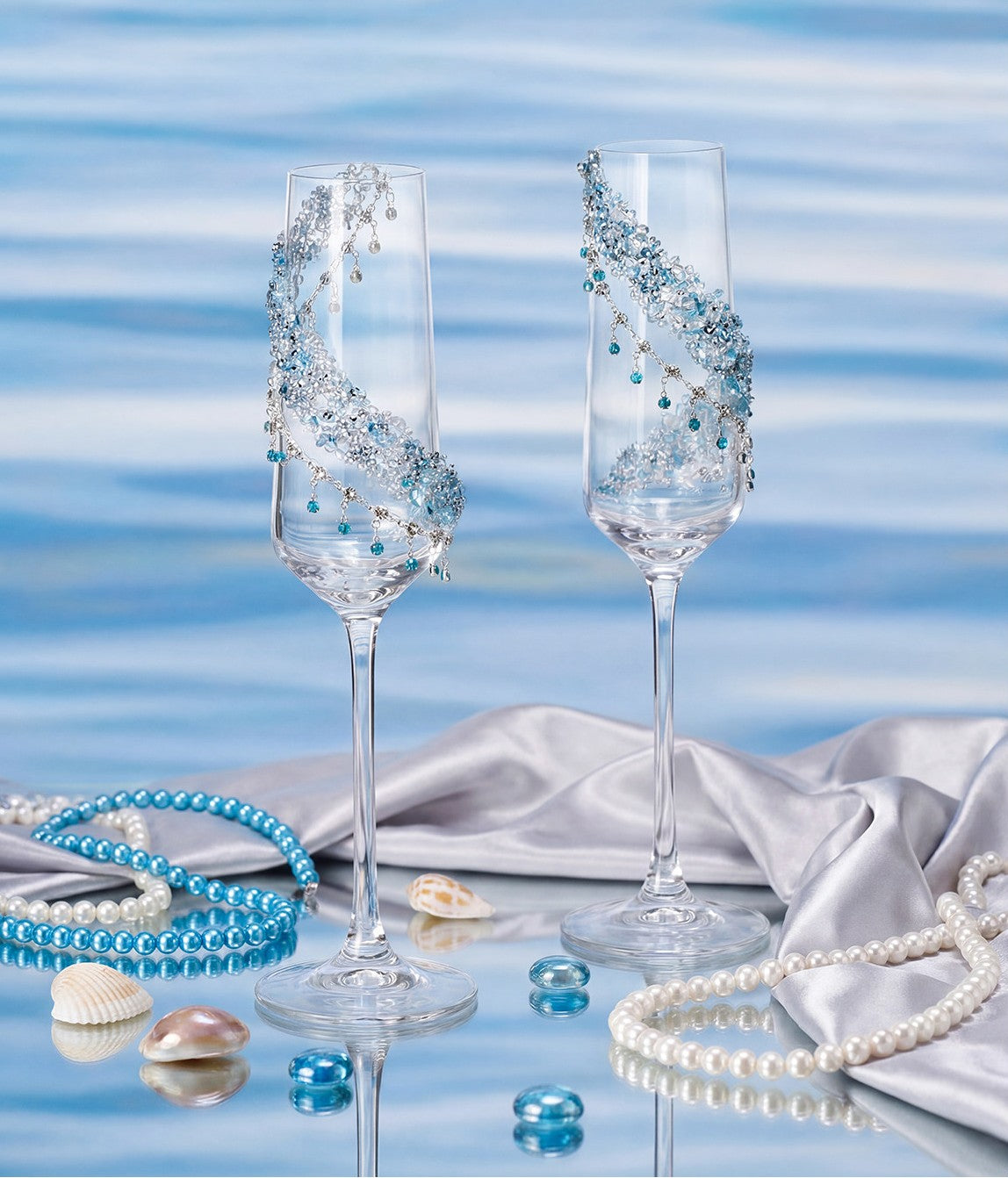 Blue Rhinestone Champagne Flutes with Pendants, Glass Set of 2