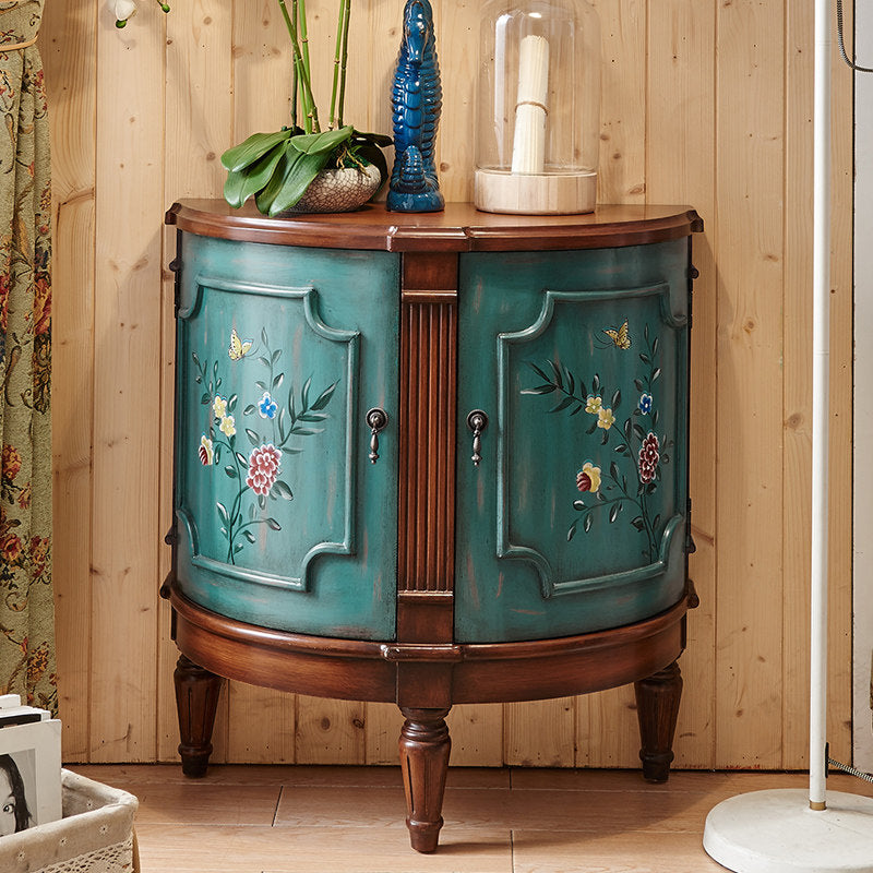 Brown and Blue Solid Wood Half Round Accent Cabinet, Painted Floral 2-Door Entryway Storage Cabinet with Curved Front for Living Room, Hallway, Foyer or Bedroom