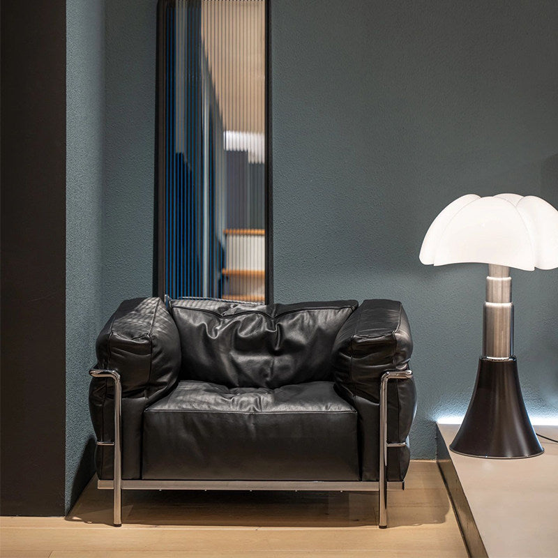 Black Leather-Look Oversized Accent Chair, Deep Box-Cushion Lounge Armchair with External Chrome Tubular Steel Frame for Living Room, Office, Reception Area and Reading Nook