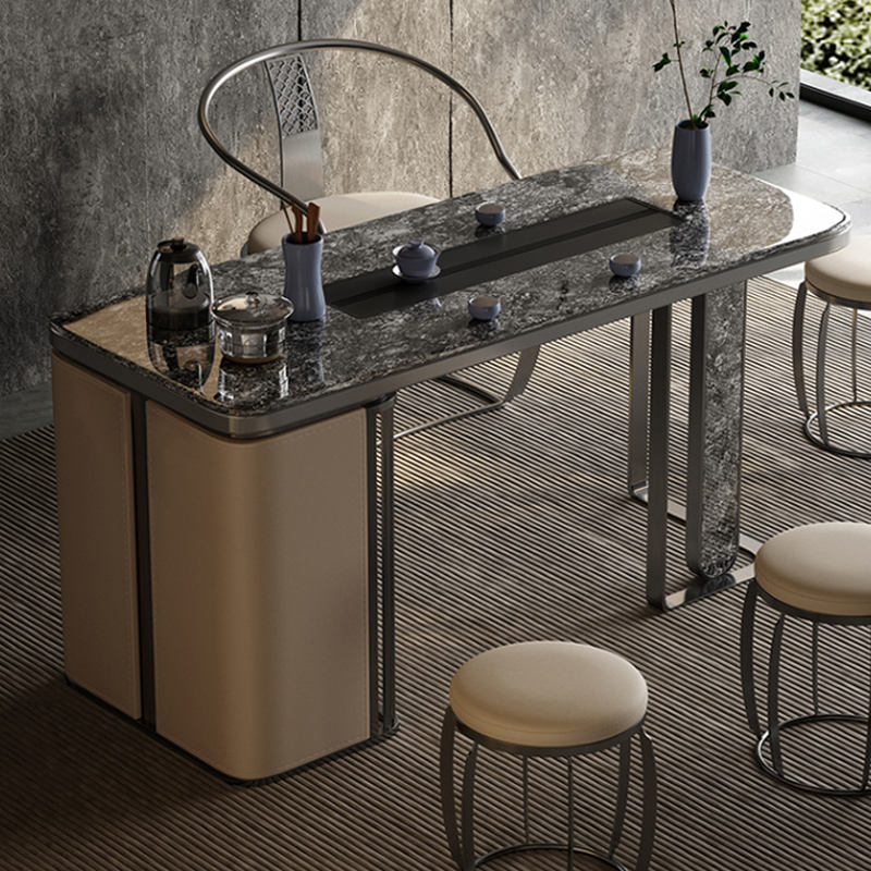 Black Marble-Look Dining Table with Side Storage Cabinet