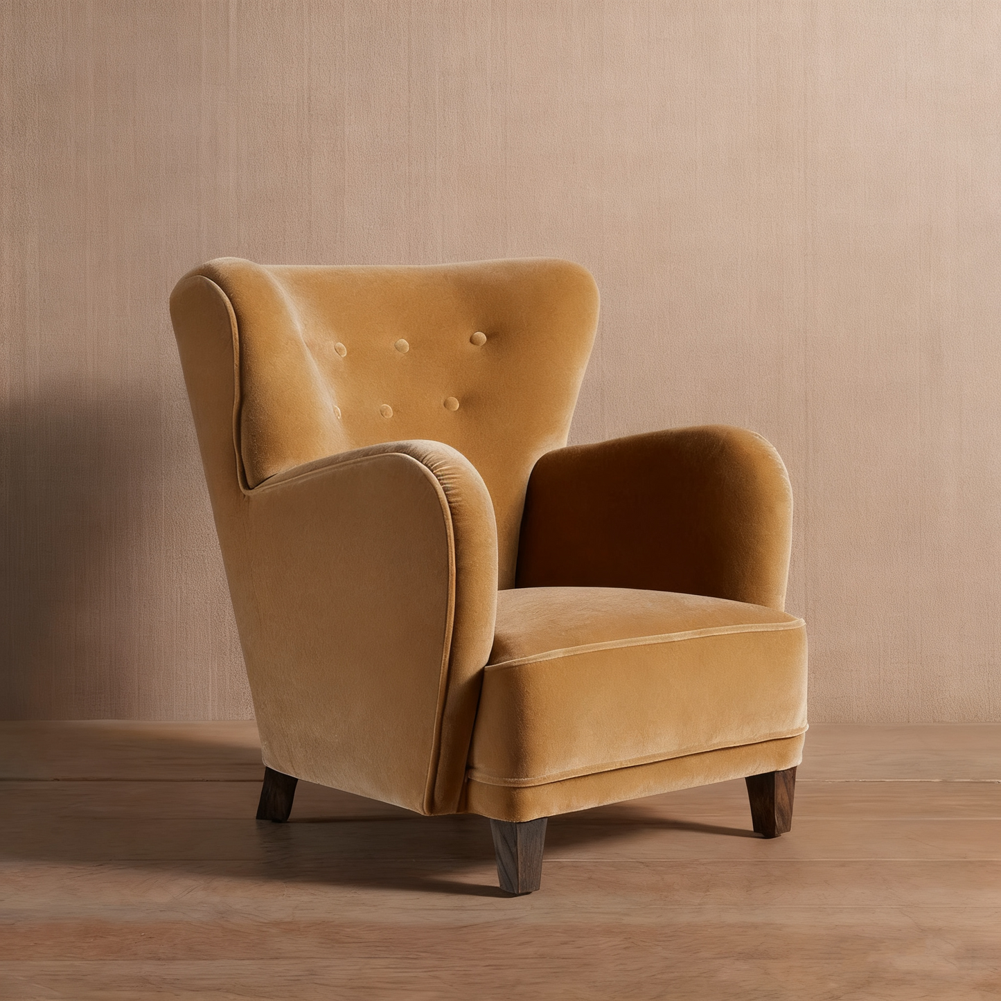 Brown Upholstered Wingback Accent Chair, French Style Fabric Armchair, Button Tufted Single Sofa Chair with Solid Wood Legs for Living Room, Bedroom, Reading Corner
