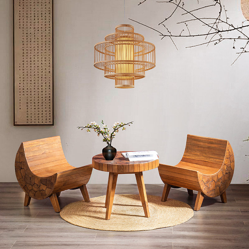 3 Piece Solid Wood Lounge Chair and Round Coffee Table Set, Rustic Small Space Living Room Sofa Set with Sculptural Wood Grain Design, Accent Chair Set for Balcony, Hotel, Club, Tea Room, and Apartment Decor