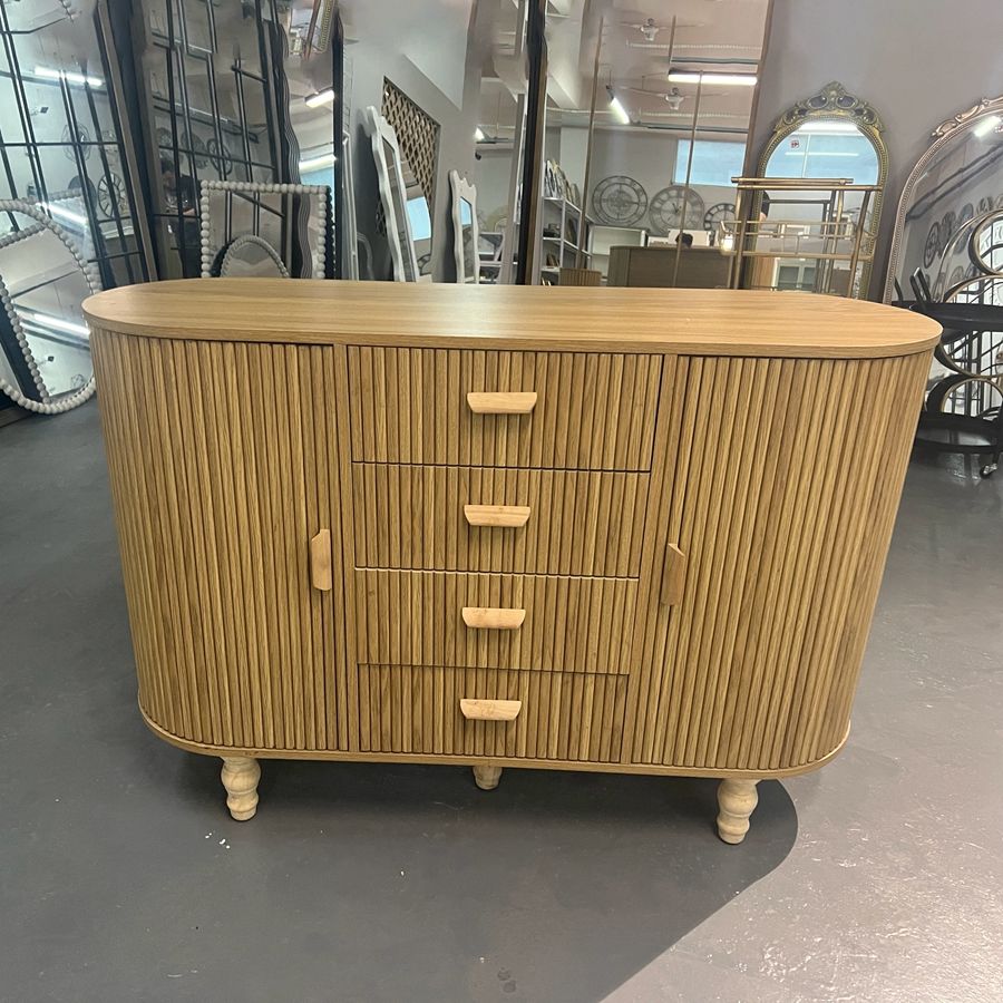Natural Wood Fluted Sideboard, 4 Drawers and 2 Doors