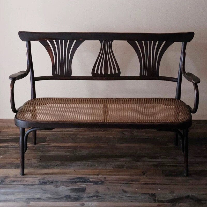Dark Wood Cane Loveseat Bench with Fan Back and Arms