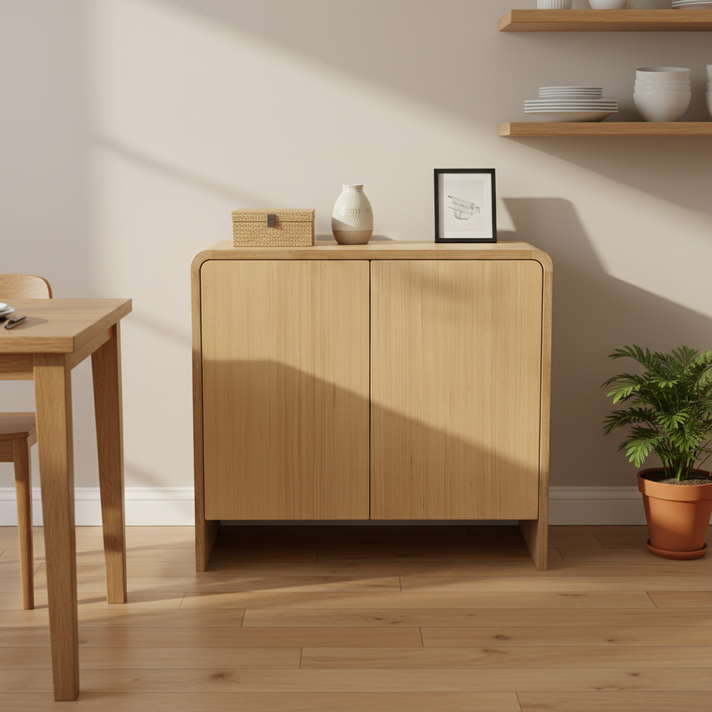 Natural Wood Sideboard Cabinet with 2 Doors and Open Shelf
