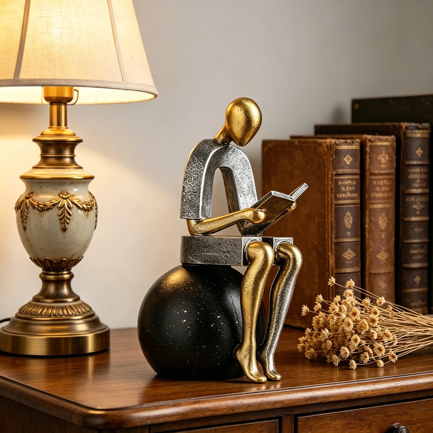 Black and Antique Gold Resin Reading Person Figurine, Abstract Seated Reader Sculpture with Book, Modern Literary Tabletop Décor for Bookshelf, Study, Office, Living Room and Entryway
