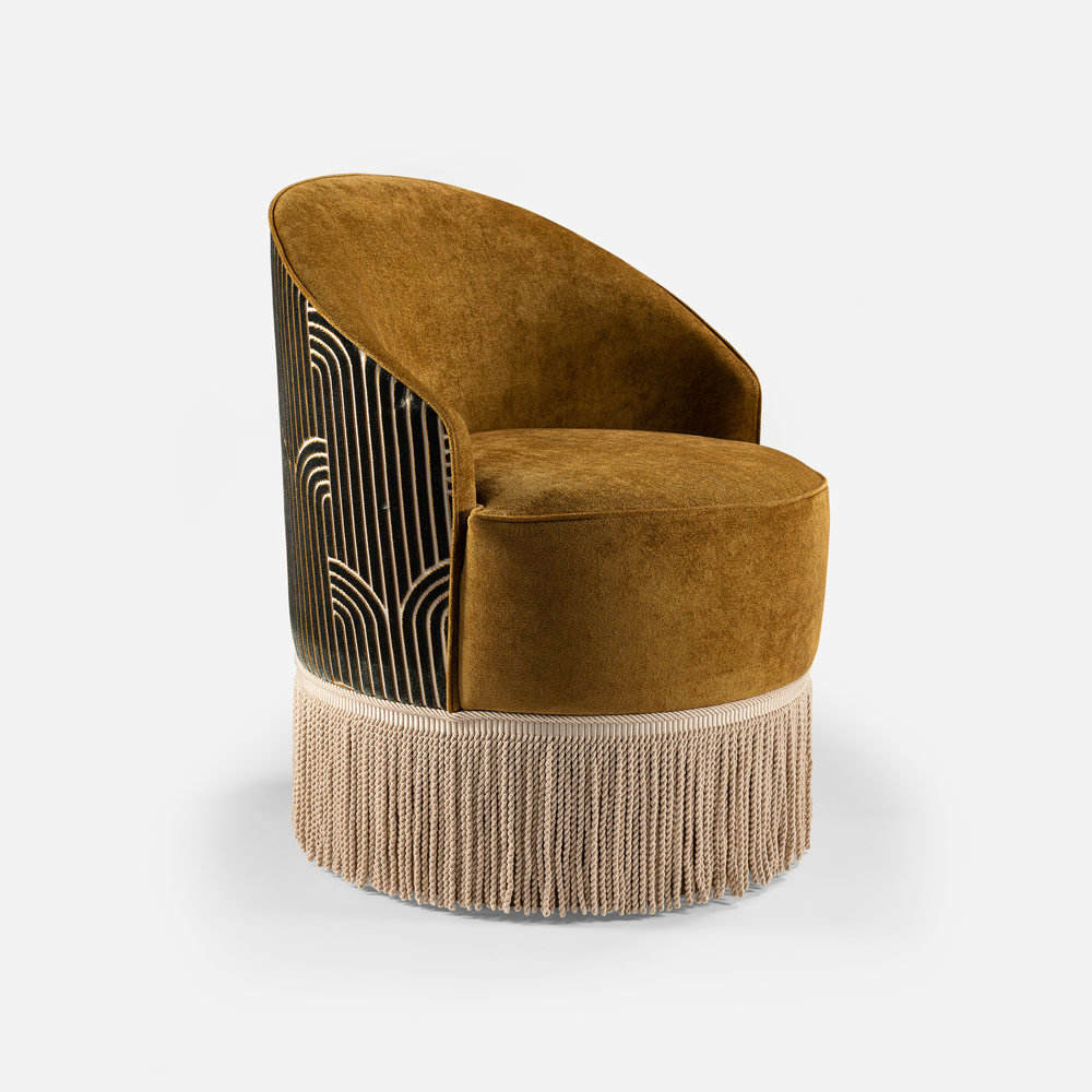 Mustard Velvet Fringe Accent Chair, Round Back Upholstered Barrel Chair with Tassel Skirt, Small Luxury Lounge Chair for Living Room, Bedroom, Hotel Lobby, Club, Reception