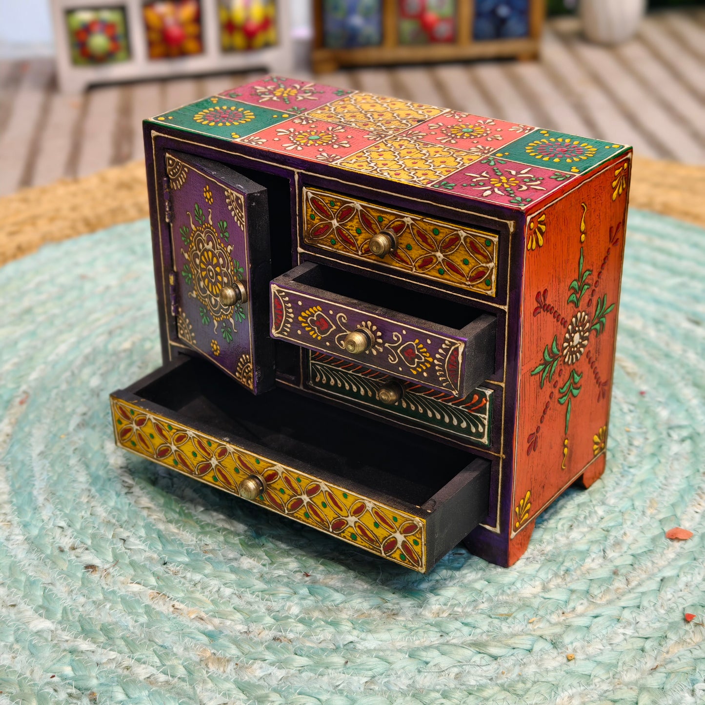 Multicolor Hand-Painted Wood Jewelry Box with Door and 4 Drawers