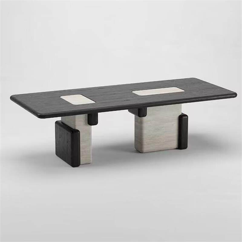 Black Rectangular Dining Table, 71 Inch Wood Dining Table with Stone Accent Base, Modern Wabi Sabi Kitchen Table for Dining Room, Restaurant, Apartment, Breakfast Area
