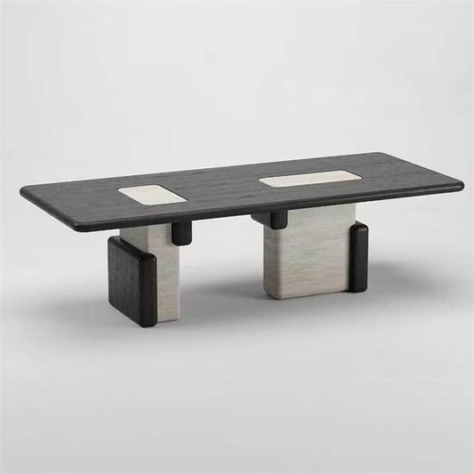 Black Rectangular Dining Table, 71 Inch Wood Dining Table with Stone Accent Base, Modern Wabi Sabi Kitchen Table for Dining Room, Restaurant, Apartment, Breakfast Area