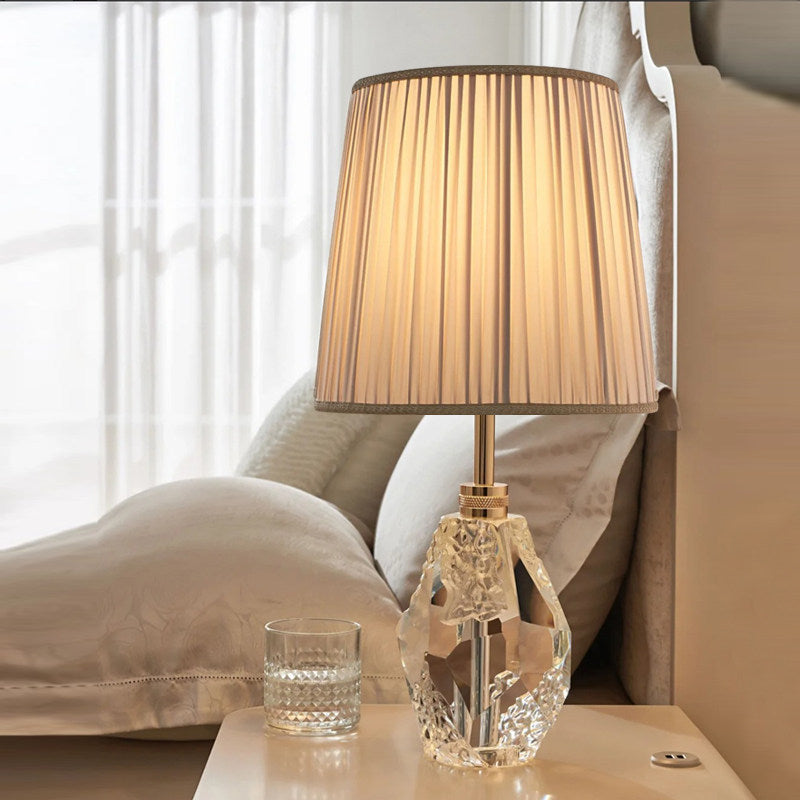 Crystal Table Lamp with Pleated Fabric Shade, Modern Faceted Glass Bedside Lamp with E27 Socket and Button Switch, Decorative Nightstand Lamp for Bedroom Living Room Study