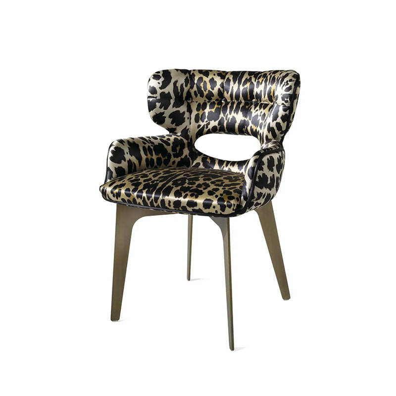 Leopard Print Upholstered Dining Chair with Arms and Metal Legs