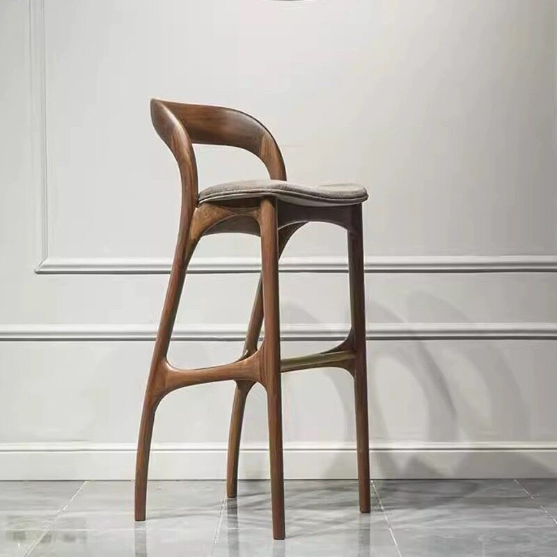 Black Walnut Solid Wood Bar Stool with Upholstered Seat, Sculpted Curved Low Back and Integrated Footrest, Mid-Century Modern High Chair for Kitchen Island, Home Bar and Café