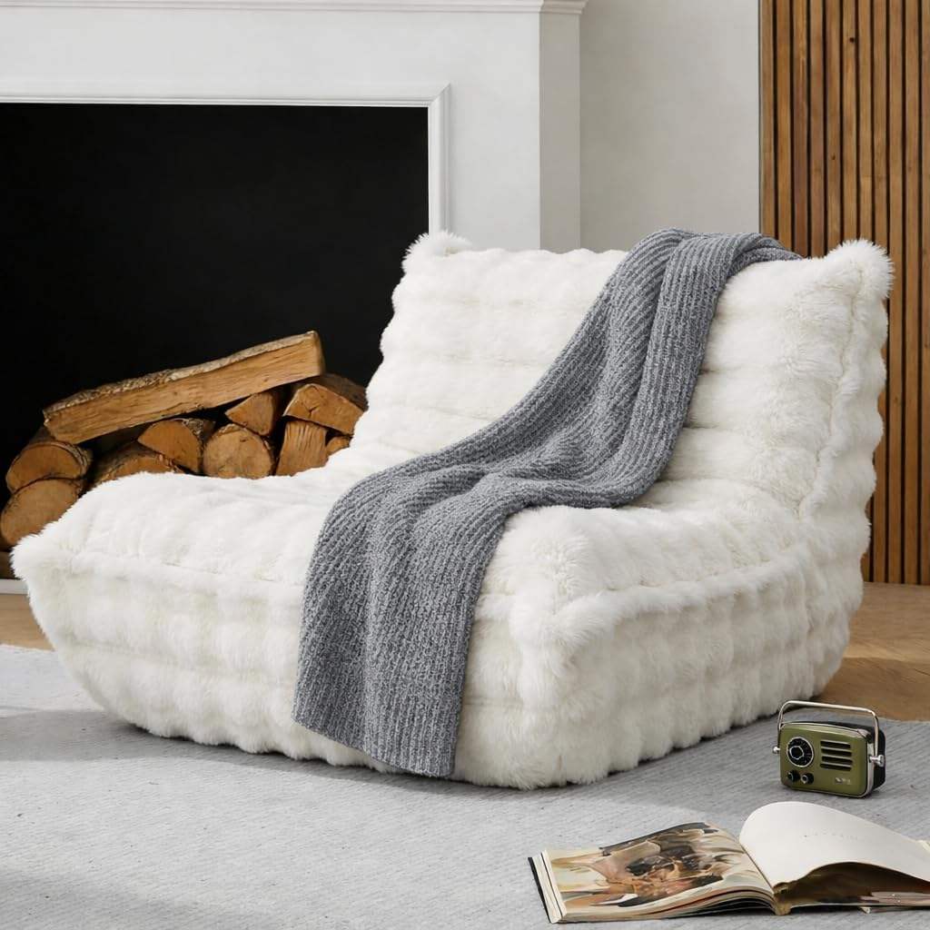 White Faux Fur Foam Bean Bag Chair for Living Room Bedroom
