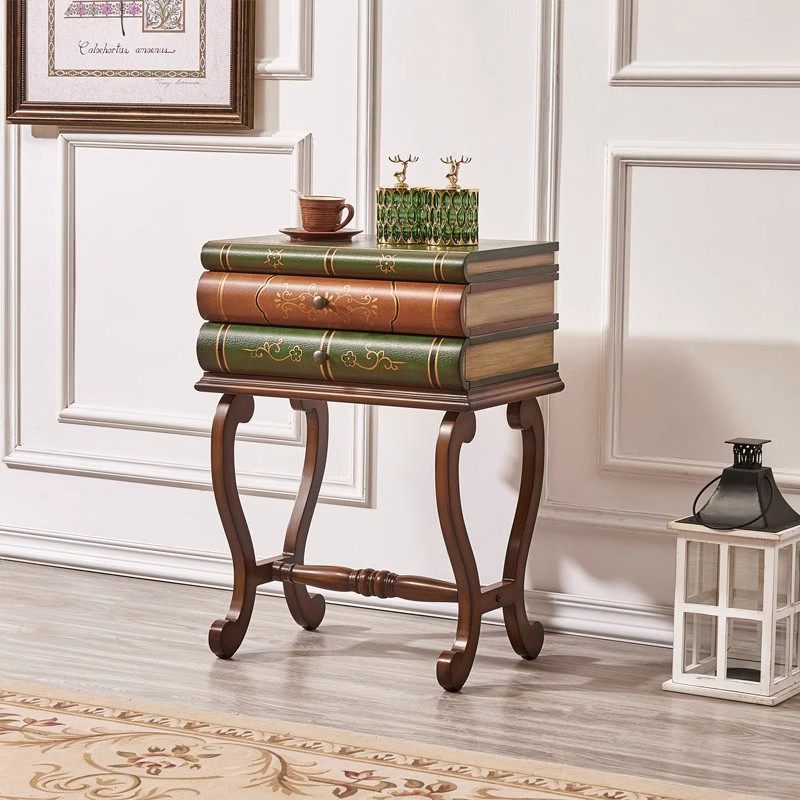 Vintage Stacked Book Side Table with 2 Drawers, 21 Inch Wide