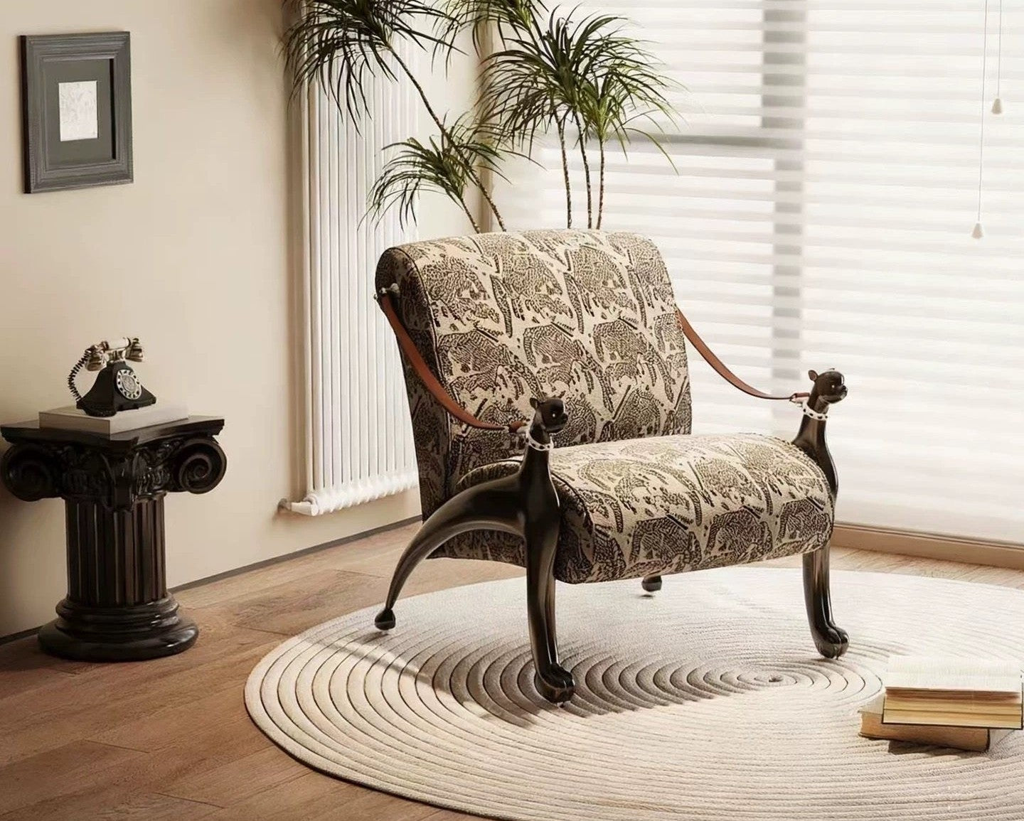 Modern Upholstered Accent Lounge Chair with Sculptural Dog-Shaped Solid Wood Frame, Artistic Fabric Armchair for Living Room, Bedroom, Reading Nook, Hotel Lobby &amp; Luxury Interior Décor