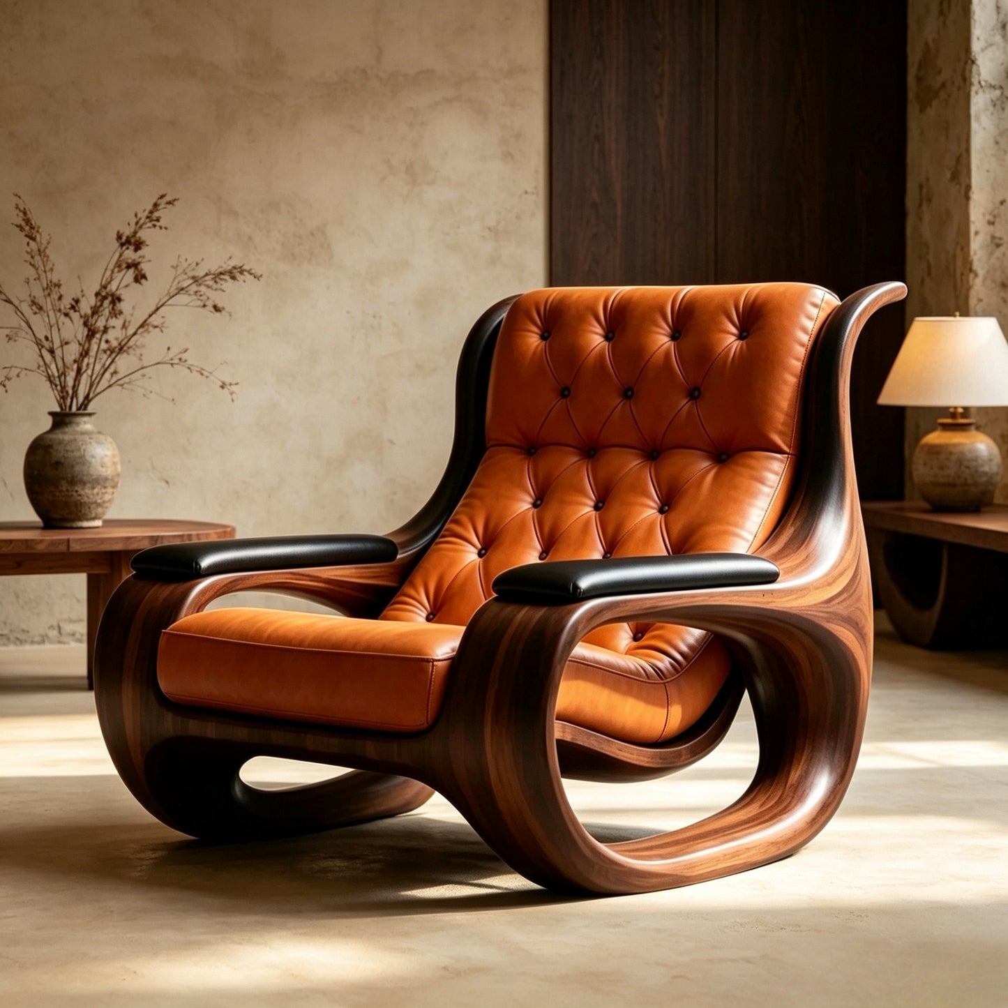 Solid Ash Wood Leather Accent Chair, Orange Tufted Lounge Armchair