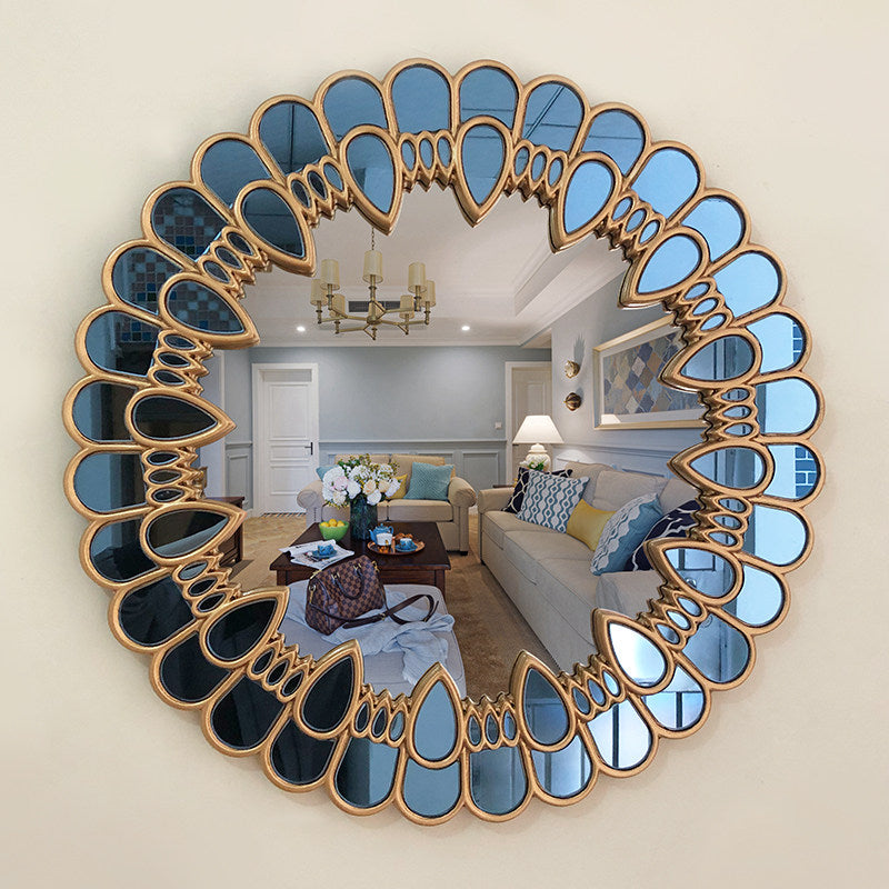 Round Decorative Wall Mirror, Gold and Blue Petal Accent Mirror for Living Room, Entryway, Fireplace Mantel, Dining Room, Bedroom, Vanity, Sofa Wall Decor