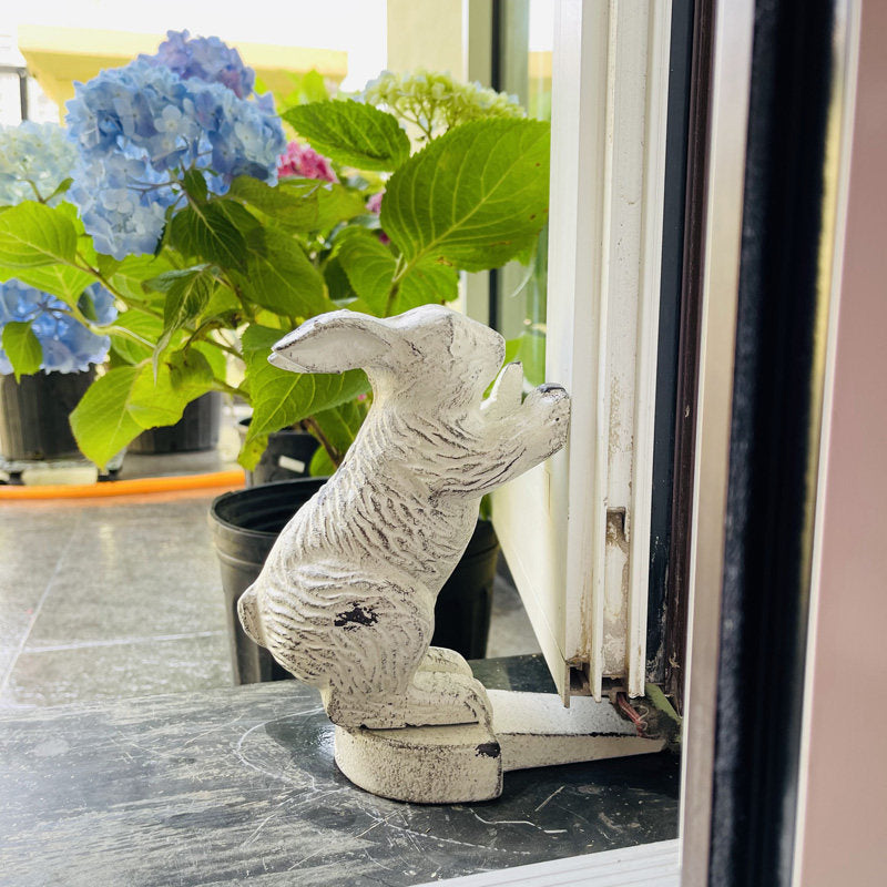 Cast Iron Rabbit Door Stop, Distressed White Indoor Outdoor Decor