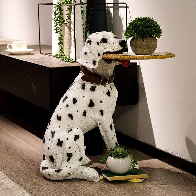 Large Dalmatian Dog Statue Tray Holder, Resin Spotted Dog Floor Decor with Round Tray, Entryway Key Bowl Stand for Living Room, Hallway, TV Cabinet and Housewarming Gift