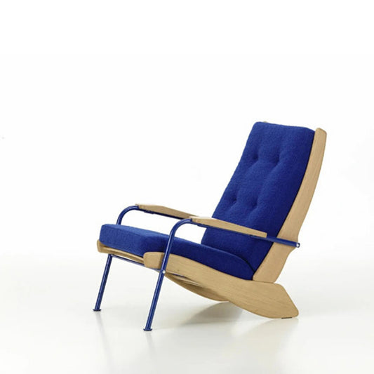Blue Fabric Lounge Chair, Scandinavian Wood and Metal Accent Recliner Chair with Ash Wood Frame, Modern Single Leisure Chair for Living Room, Bedroom, Balcony, Reading Nook and Small Spaces