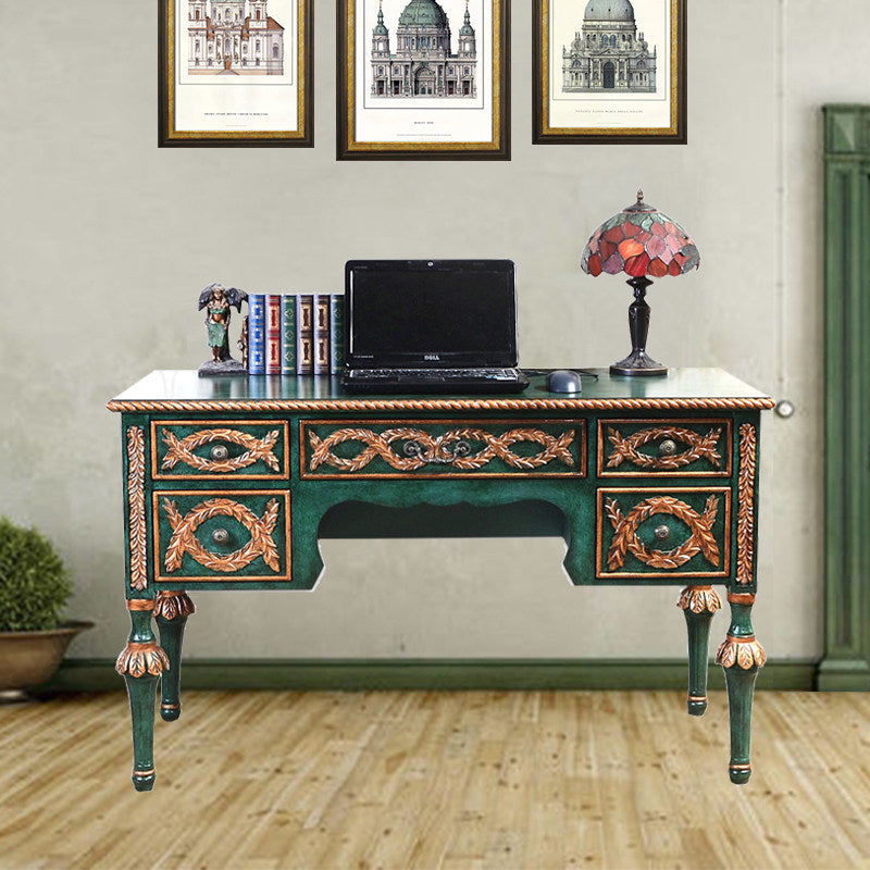 Green Solid Wood Writing Desk with 5 Drawers and Gold Accents