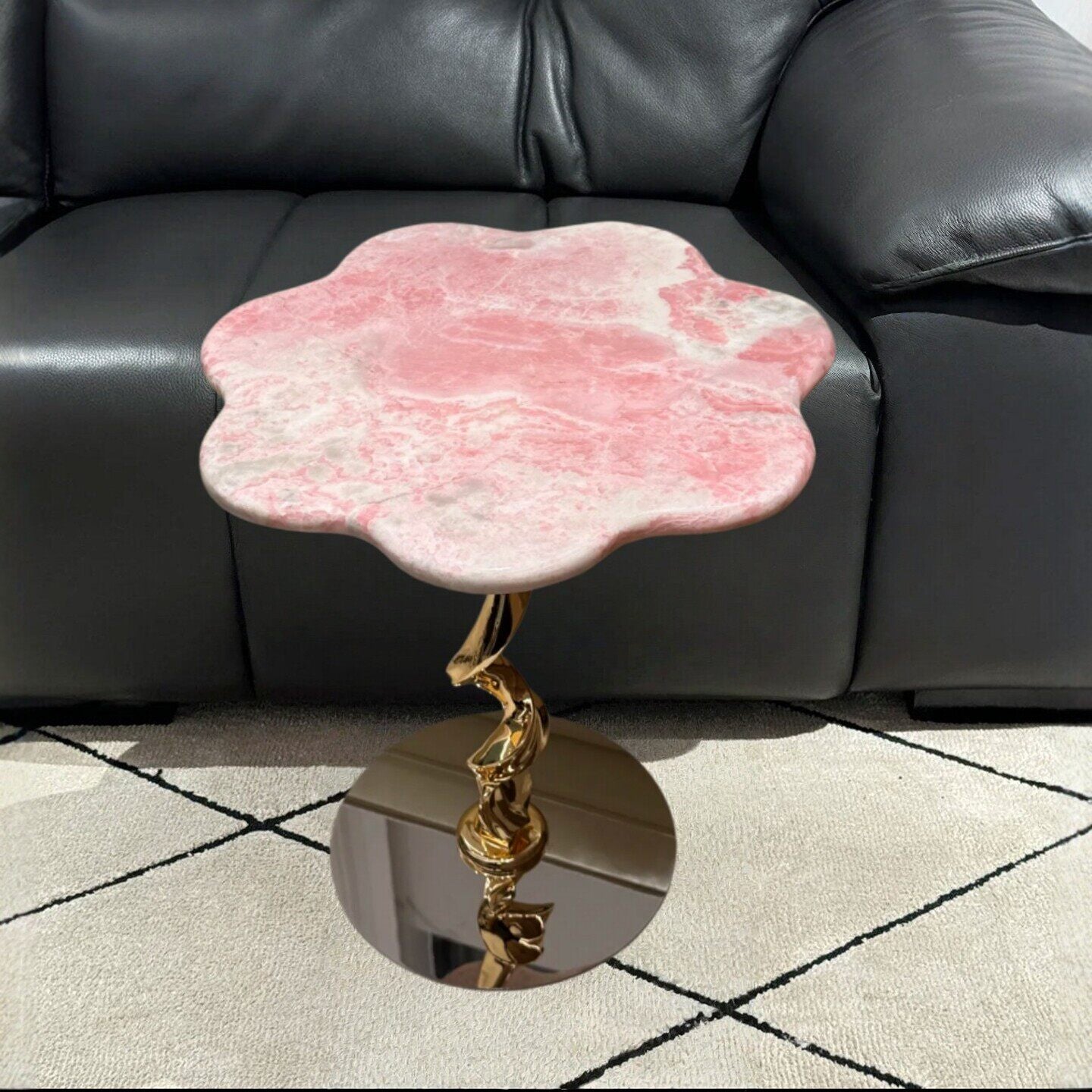 Pink Marble Flower Side Table, Petal Shaped Accent Table with Glossy Stainless Steel Base, Natural Stone End Table for Living Room, Bedroom, Sofa Side, Lounge Decor