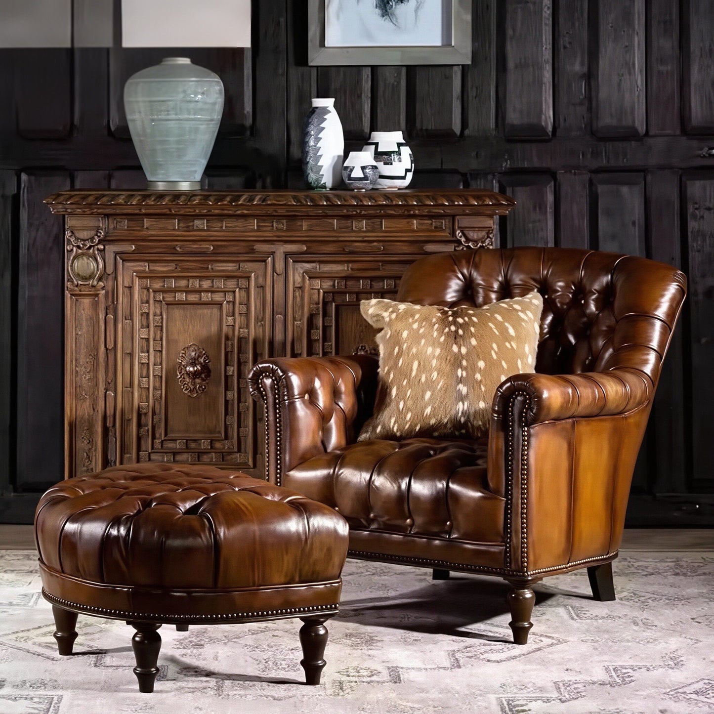 Vintage Brown Leather Club Chair with Tufted Back and Nailhead Trim