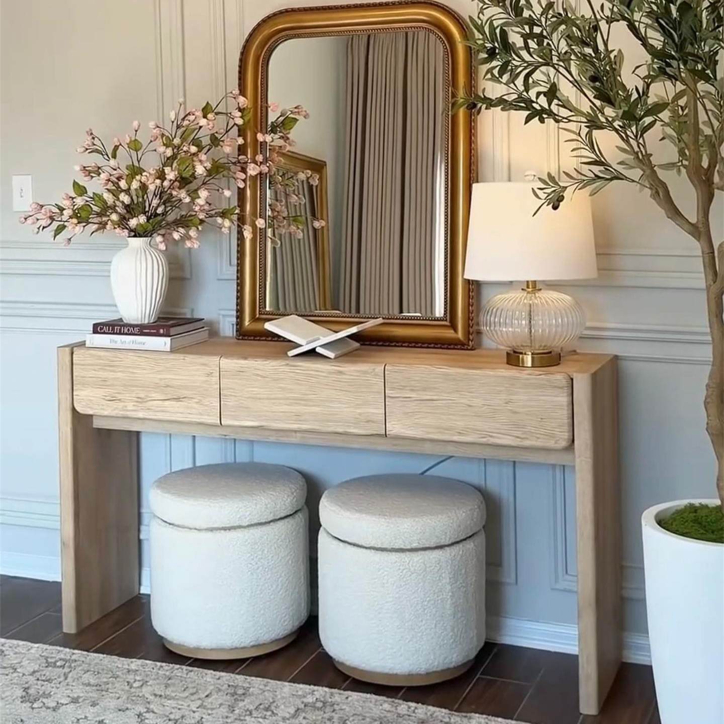 Natural Wood Console Table with 3 Drawers, Solid Wood Entryway Table, Nordic Modern Sofa Table, Narrow Hallway Accent Table for Living Room, Foyer, Bedroom, Behind Couch