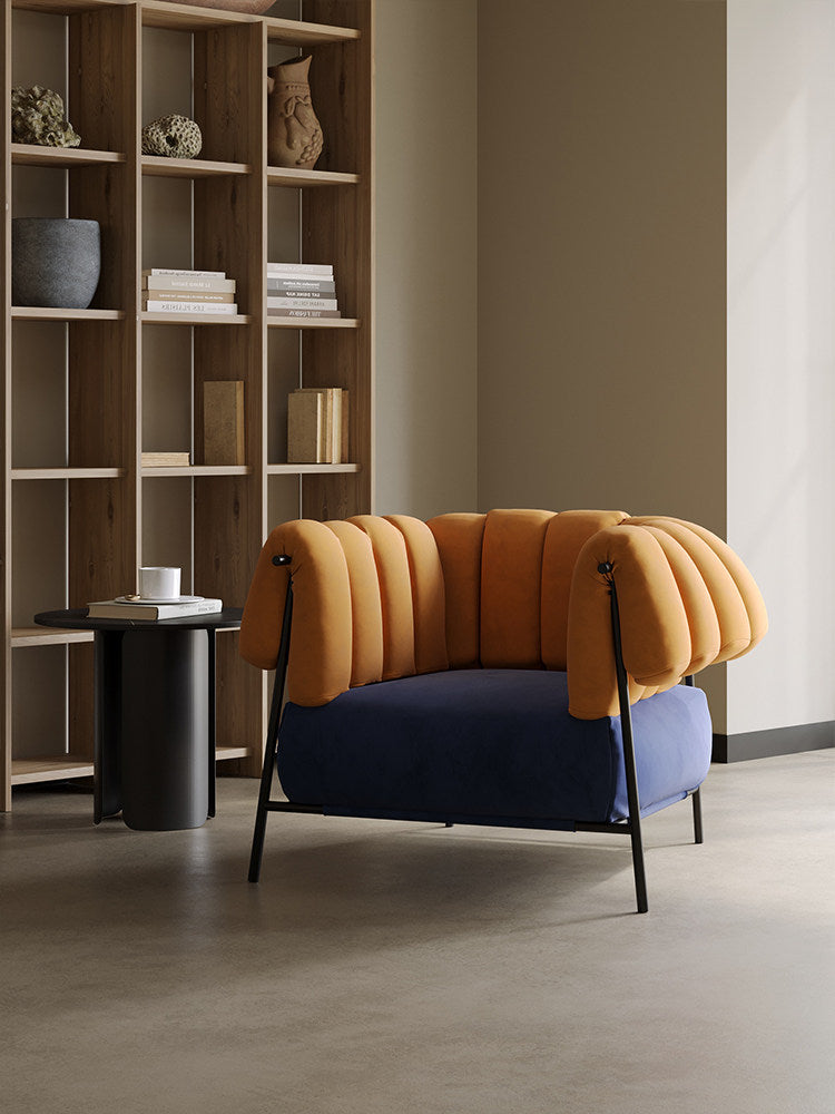 Orange Velvet and Blue Velvet Accent Armchair with Channel Tufted Wraparound Back, Carbon Steel Frame, Modern Retro Lounge Chair for Living Room, Bedroom, Balcony, Hotel and Reading Nook
