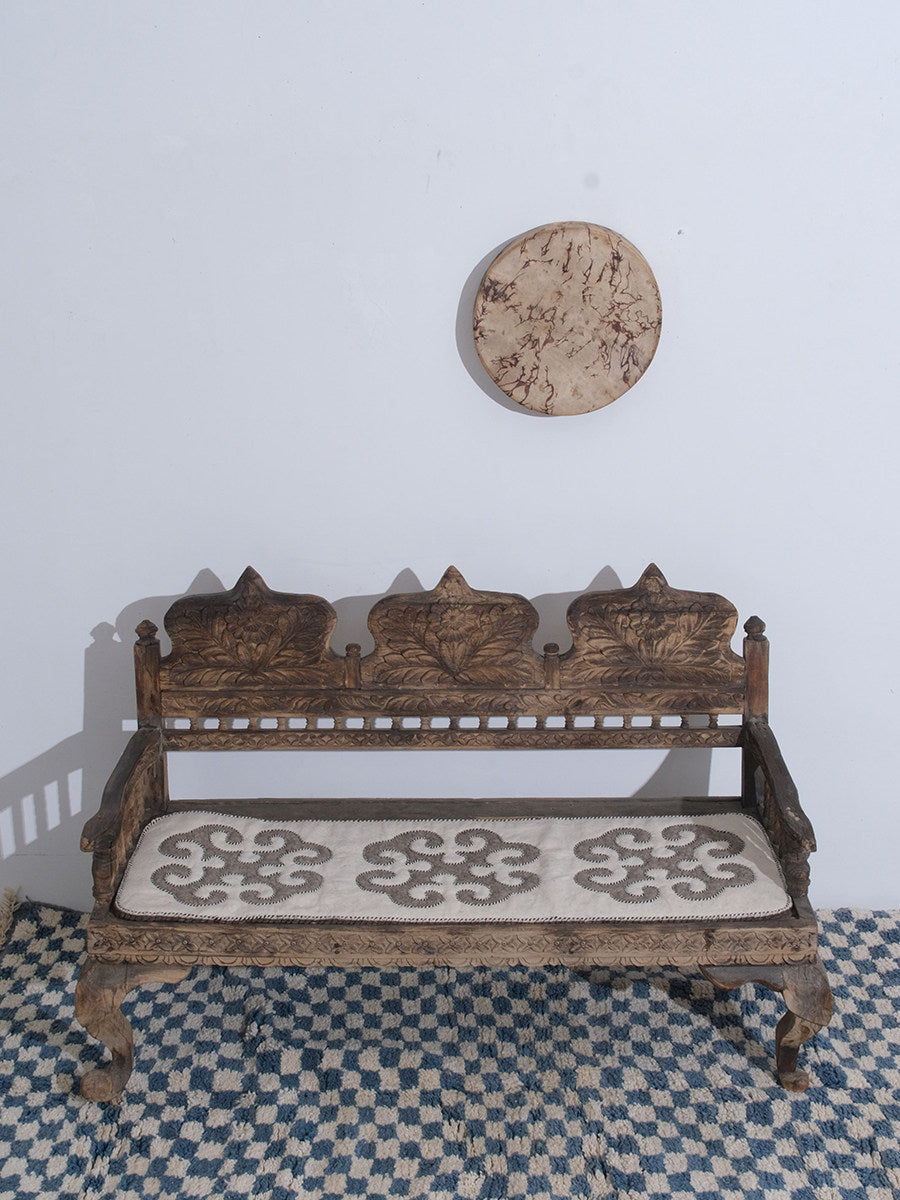 Handmade Felt Bench Cushion, Boho Long Chair Pad, White and Gray