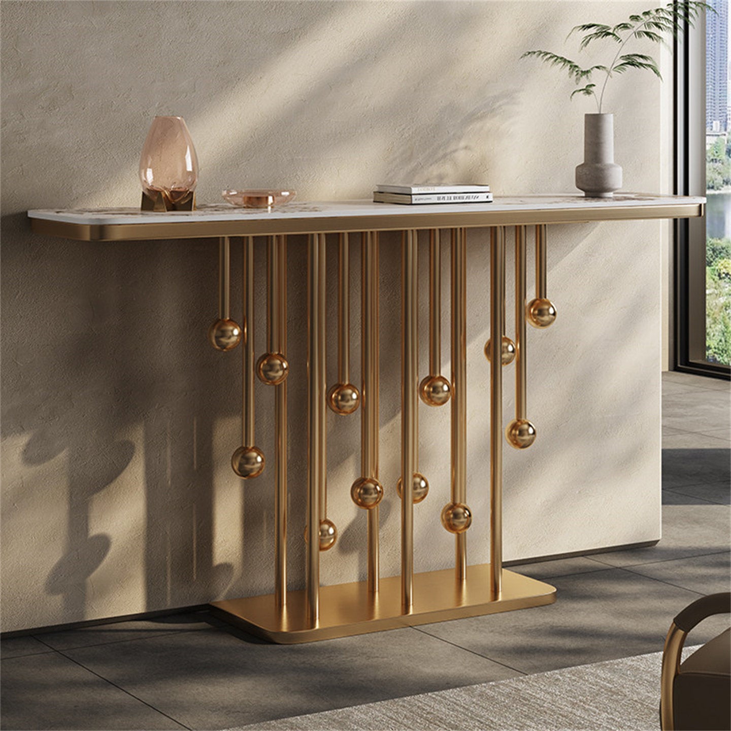 Champagne Gold Console Table, Pandora Stone Top Entryway Table